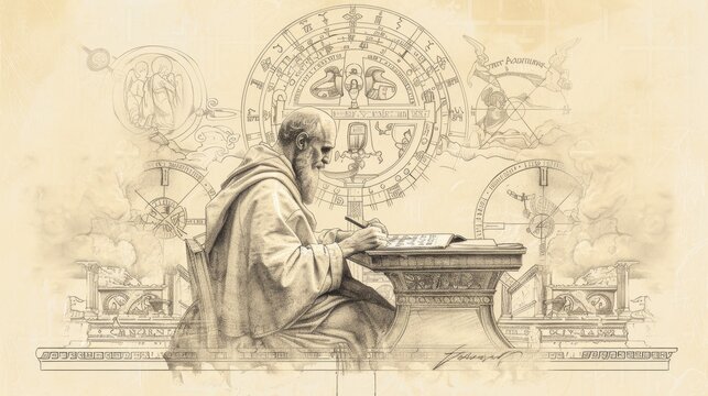 Biblical Illustration of St. Augustine Writing 'Confessions' in Ancient Carthage with Divine Inspiration Symbols, Beige Background, Copyspace