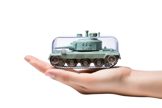 Miniature War: A Hand Cradling a Toy Tank on White or PNG Transparent Background.