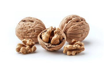 Walnuts with one open walnut shell and closed nuts on the side on White background
