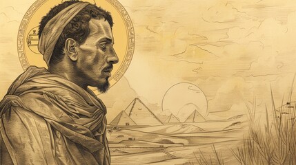 Fototapeta premium Biblical Illustration of St. Anthony of Egypt in Desert with 4th-Century Egyptian Landscape, Beige Background, Copyspace