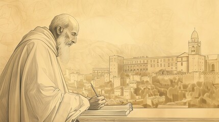 Biblical Illustration of St. Albert the Great Writing at 13th-Century University, Beige Background, Copyspace