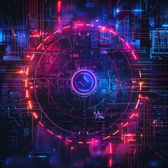 Obraz premium Editorial-style photograph of a developer platform logo in modern synthwave style, with neon colors, geometric patterns, and futuristic elements, set against a dark background