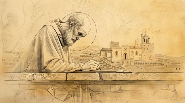 Biblical Illustration of St. Bede the Venerable Writing in 8th-Century English Monastery, Beige Background, Copyspace