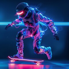 A futuristic robot skating on a hoverboard, leaving trails of neon light. 