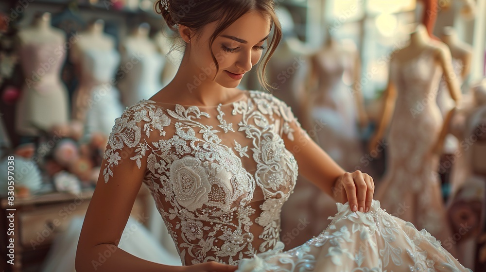 Wall mural Young bride trying out her wedding dress at bridal boutique.