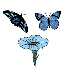 Butterflies set with flower flat design blue