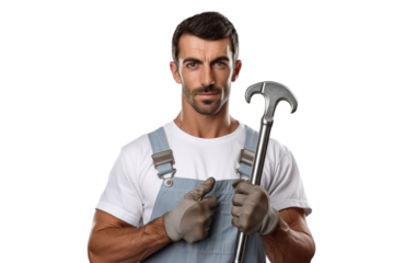The Mechanics Whisper: A Man in Overalls Wielding a Wrench on White or PNG Transparent Background.