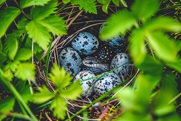 Obraz premium the snake hatches eggs. Snake's nest. Reproduction of snakes in nature