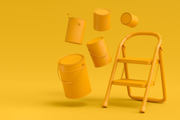 Set of metal cans or buckets with paint roller, brush and folding ladder