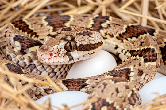 the snake hatches eggs. Snake's nest. Reproduction of snakes in nature