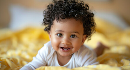 Cute baby smiling and crawling on the bed, with a yellow blanket on a white background