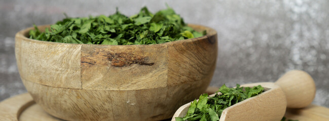 Fresh dried greenery parsley adaptogens ingredient. Herbal medicine healthy eating. Superfood...