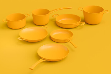 Set of flying stewpot, frying pan and plated cookware on monochrome background