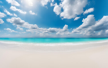 Obraz premium Summer beach background White sand turquoise sea and blue sky neural network generated art, Tropical beach sea, Tropical Maldives island with white sandy beach and sea 