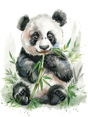 Cute Panda Eating Bamboo in Water Powder Style