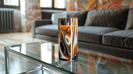 Artistic glass candle with abstract designs on a glass bench, set against a sleek low-profile sofa in a modern loft interior
