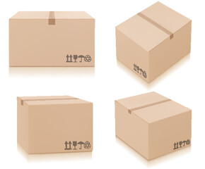 Cardboard box mockup set. Isolated on white background. Vector images of cardboard packaging.