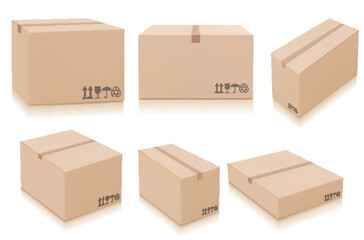 Cardboard box mockup set. Isolated on white background. Vector images of cardboard packaging.