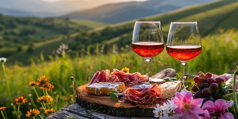 Beautiful served romantic picnic at summer sunset meadow. Green valley hills view. Provence. Still life. Bottle of red wine, two wine glasses, cheese, prosciutto. Rural countryside winemaking region