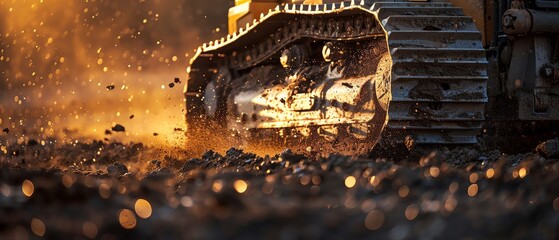 Close-up of a bulldozer track working on a construction site, shedding dirt with dramatic lighting and motion blur.
