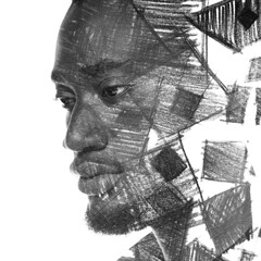 A black and white graphical paintography portrait of a thoughtful man