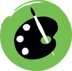 Vector illustration on the theme of education.Palette with paints and brush. In line art style. Black and white. Vector.