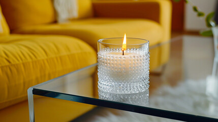 A clear crystal candle on a minimalist glass bench, set against a vibrant yellow sectional sofa