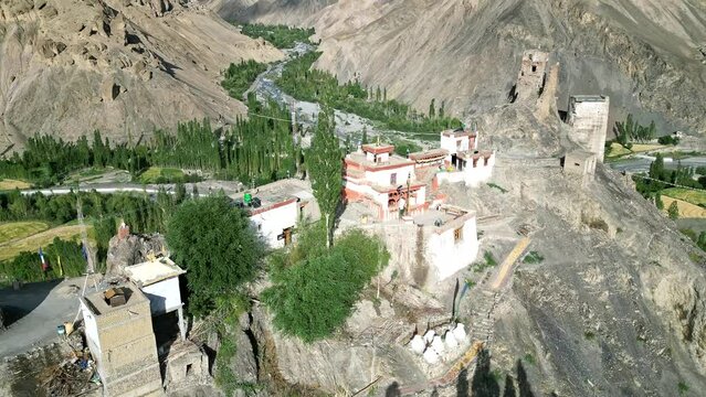 Wanla Buddhist Monastery, Zanskar from the air, Himalayas from drone, Tibet