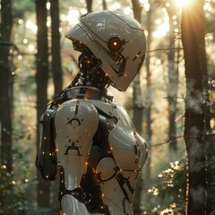 Naklejka premium Robot standing among trees in the forest.