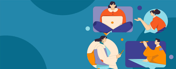 Virtual characters social communication concept business flat vector hand drawn illustration
