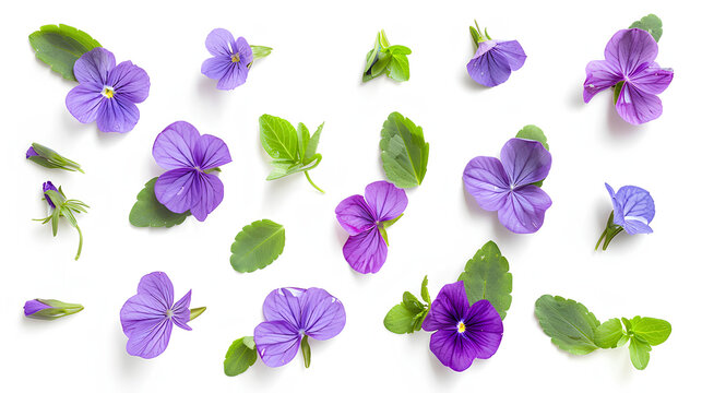 From the top view of Tigirdia,Tropaeolum majus,Viola tricolor,Vinca difformis flowers bloom ornamental isolate on white background