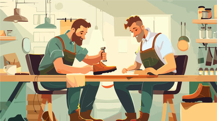 Two shoemakers sitting at the table fixing shoes with