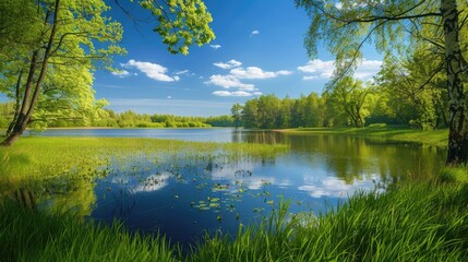 Tranquil lake under sunny spring sky with early signs of spring in trees and grass