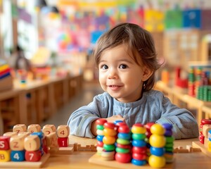 Child enjoying Montessori playtime, indistinct classroom background, fun and educational environment