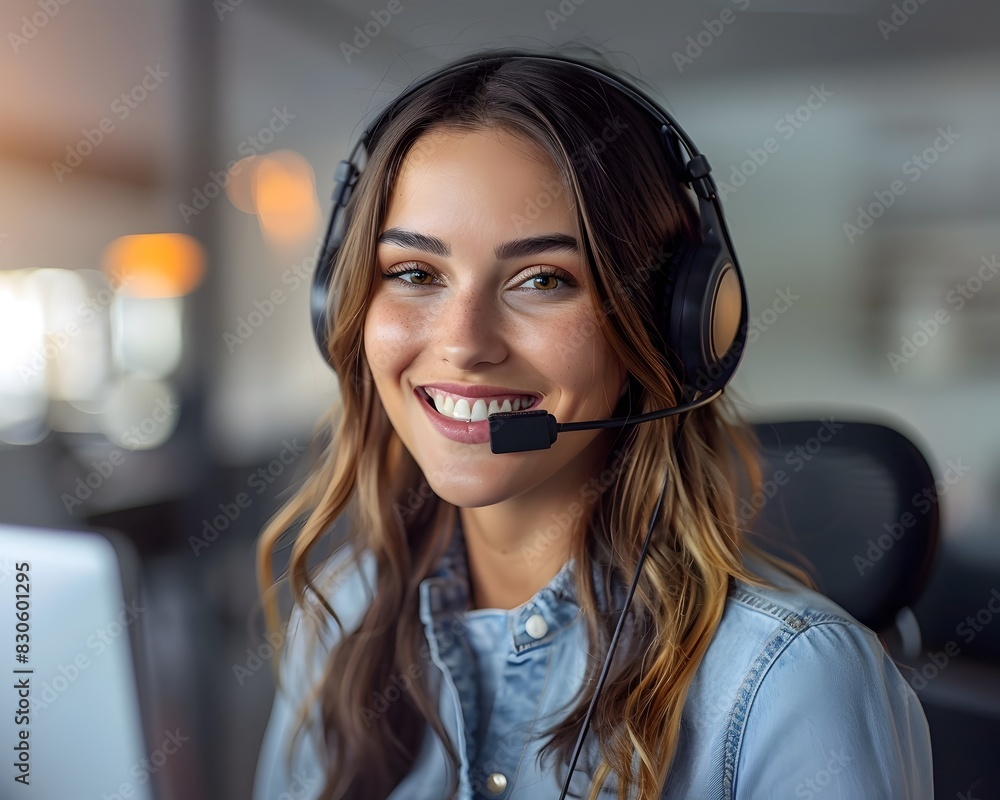Poster smiling customer service representative assisting client via video call on laptop in modern office e