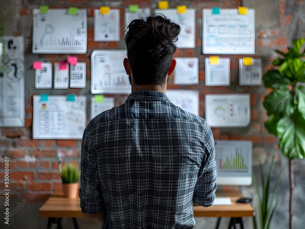 Poster designer brainstorming improvements for an e commerce site in a modern workspace