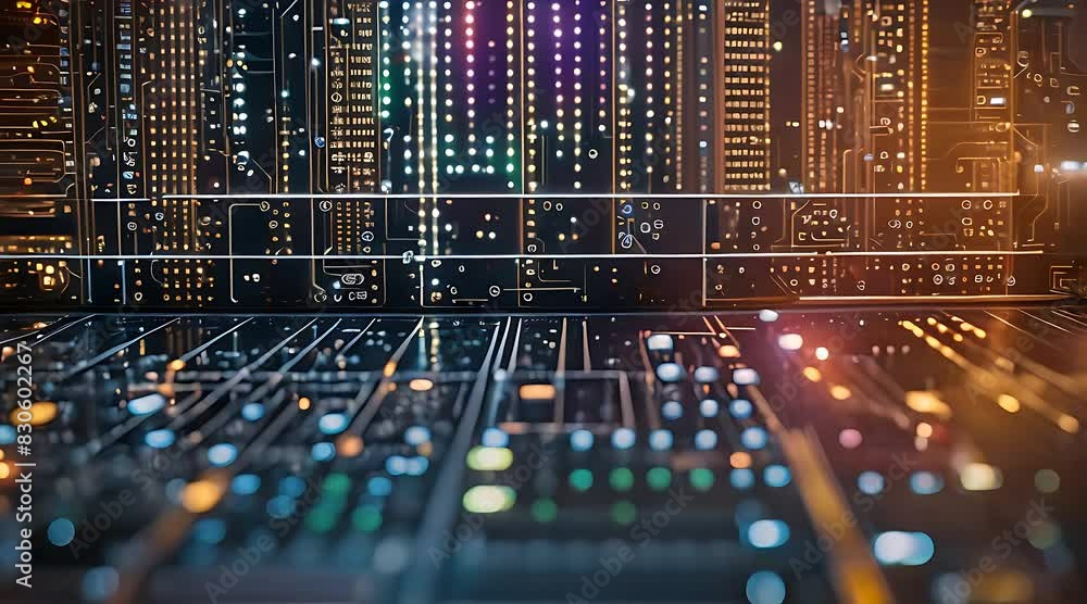 Poster illuminated computer circuit board displaying many lights