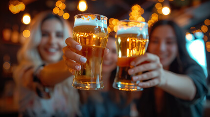 Three friends toasting with beer in a lively bar setting. Warm, festive ambiance with bokeh lights in the background.