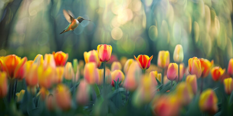 A hummingbird is flying over a field of yellow and orange flowers - Powered by Adobe