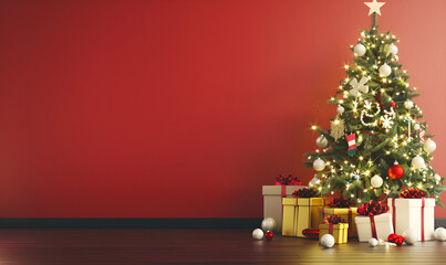 Festive Christmas tree with golden baubles and gifts on red background, ideal for holiday cheer Elegant Christmas Tree with Gold Baubles and Gifts"