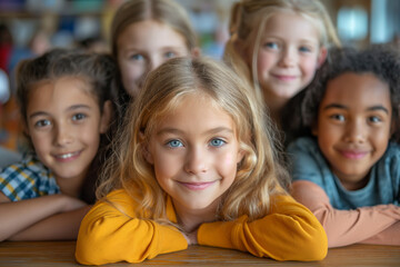Group of diverse happy children smiling and posing together at school, showing friendship and unity among kids.