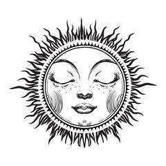 Mystical sun or moon with closed eyes, celestial astrology logo, Boho zodiac icon, Tarot. Magic vector outline hand drawn tattoo isolated on white background.