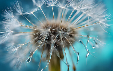 A dandelion gone to seed its fluffy white head ready to be blown away by the wind, Close up of dandelion on the blue background Generative AI, Dandelions blowing in the wind with the word dandelion on