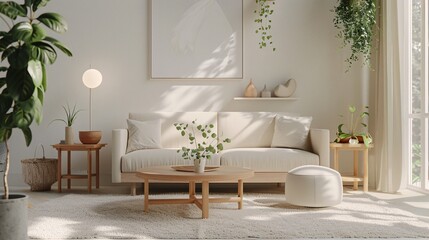 A photo of an interior design studio, showcasing modern furniture and decor in neutral tones, such as beige sofa with white carpet on the floor, wooden side tables, potted plants, lightcolored walls,