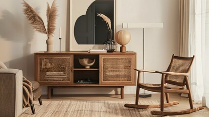 A Scandinavian-inspired sideboard with rattan accents, adding warmth and texture to the space. The cabinet features an open section for decorative items like books or vases, complemented by two doors