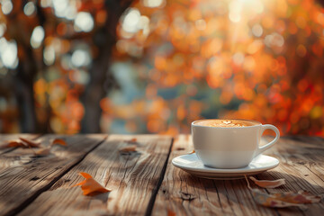 Autumn-themed scene featuring a cup of coffee on a wooden table