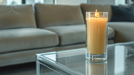 A cylindrical transparent glass candle on a clear bench, set against a stylish gray sectional sofa