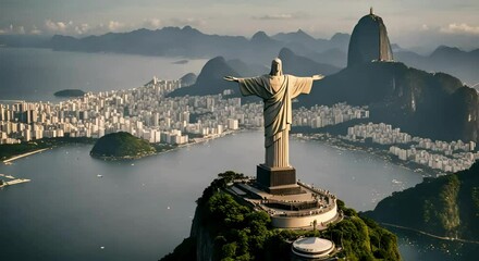 Captivating Footage of Christ the Redeemer in Rio de Janeiro, Brazil. Iconic Statue,  Above the City  Panorama of Rio's Breathtaking Landscape.

