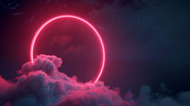 Deep coral neon light ring around a swirling cloud in a dark night sky, 3D visual,