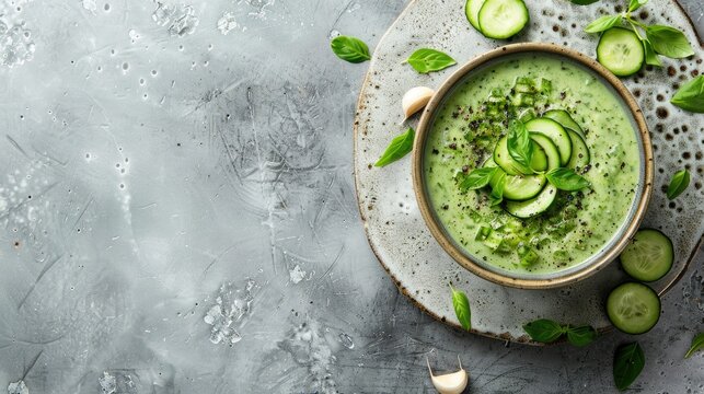 Traditional Spanish cold soup with cucumber and garlic served on a white slate stone or concrete surface Overhead shot with room for text